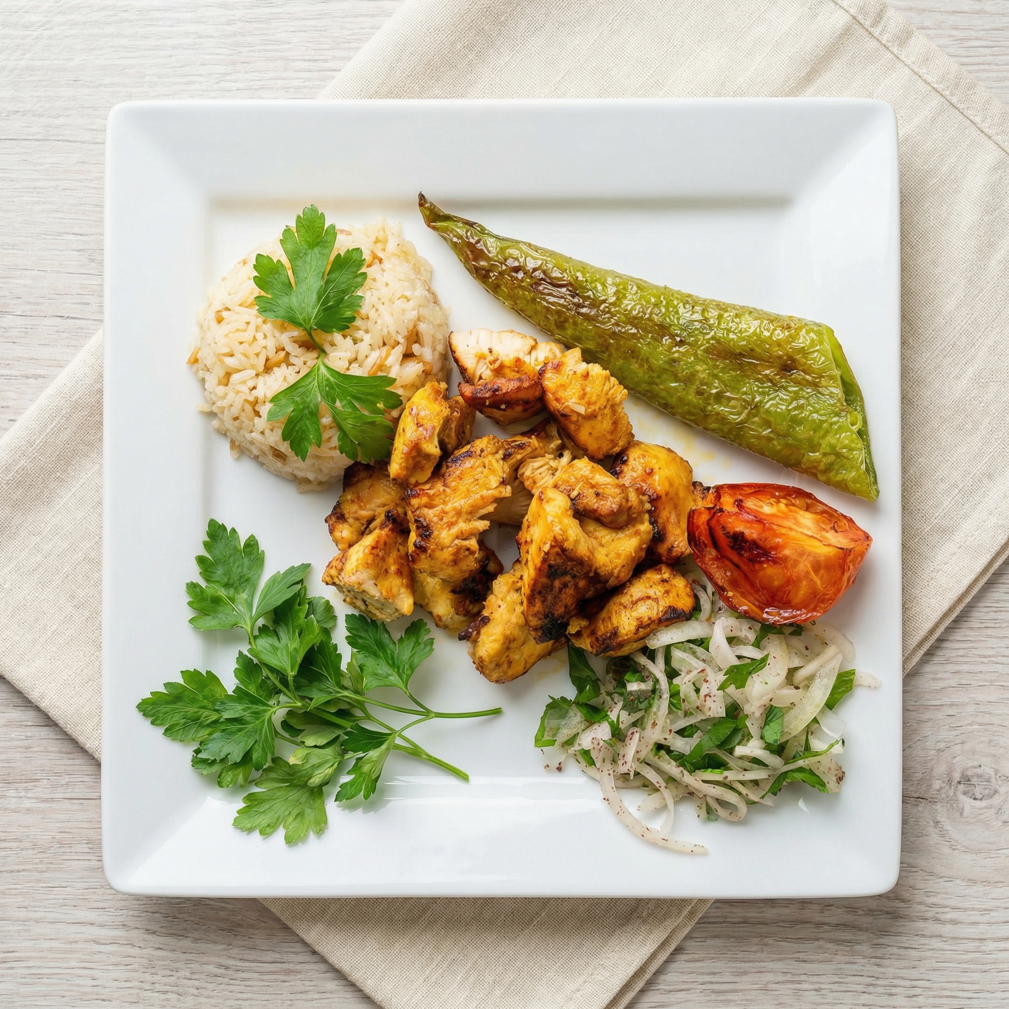 Zwei würzig marinierte Hähnchenspieße vom Grill auf einem quadratischen Teller mit Reis, Zwiebelsalat und einer großen gegrillten Peperoni.