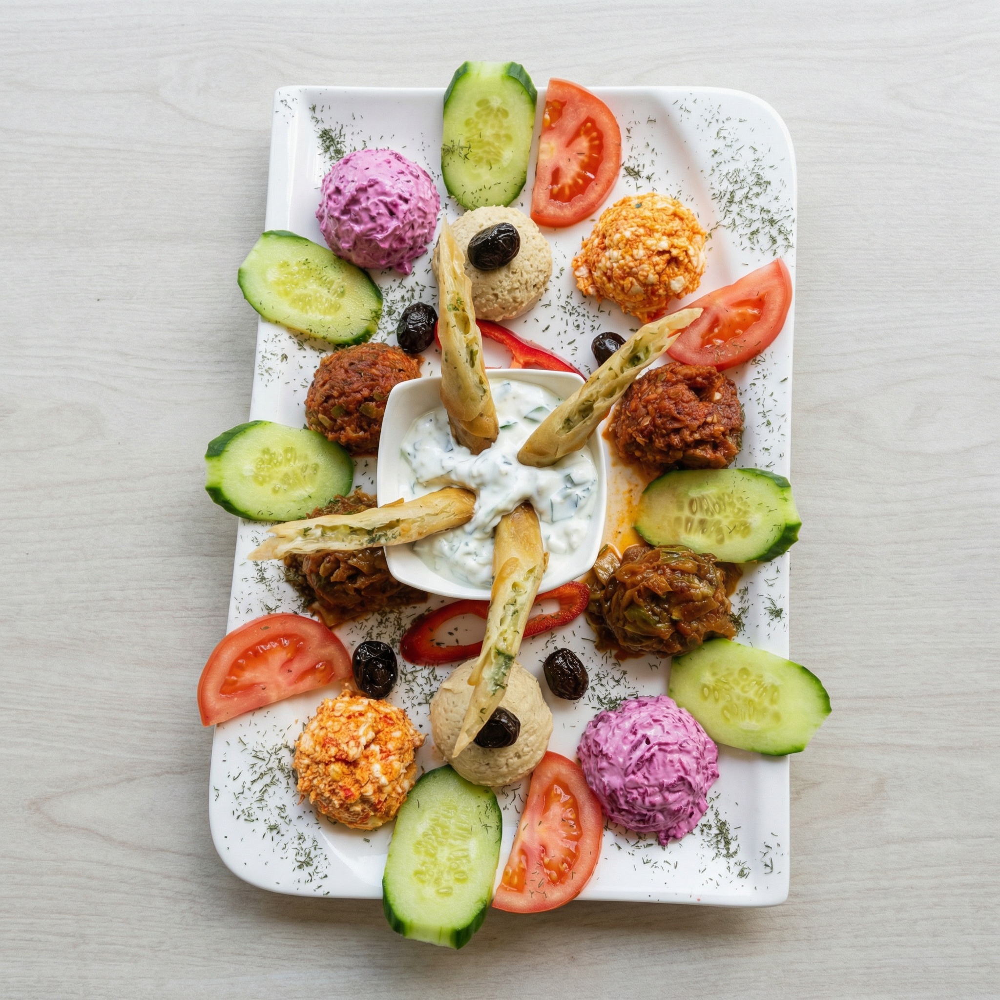 Eine große, rechteckige Platte mit einer Vielfalt an Dips (Rote Bete, Hummus), knusprigen Teigröllchen, Oliven und frischem Gemüse.