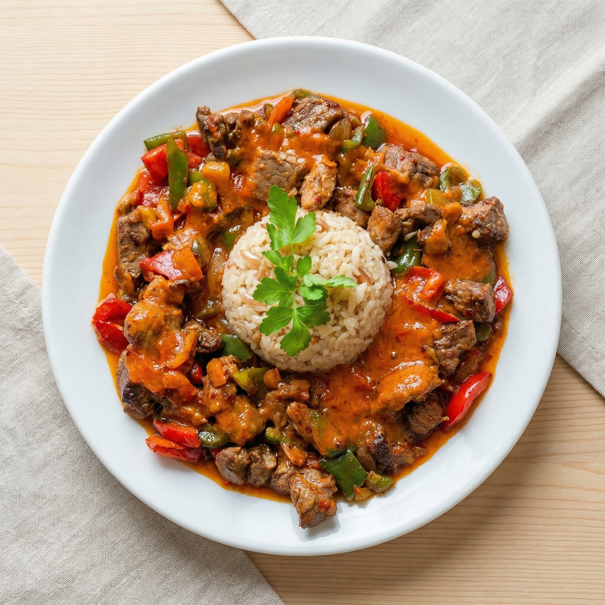 Pfannengerührtes Rindfleisch mit bunten Paprika in Tomatensauce, in der Mitte serviert mit einer Reiskuppel.