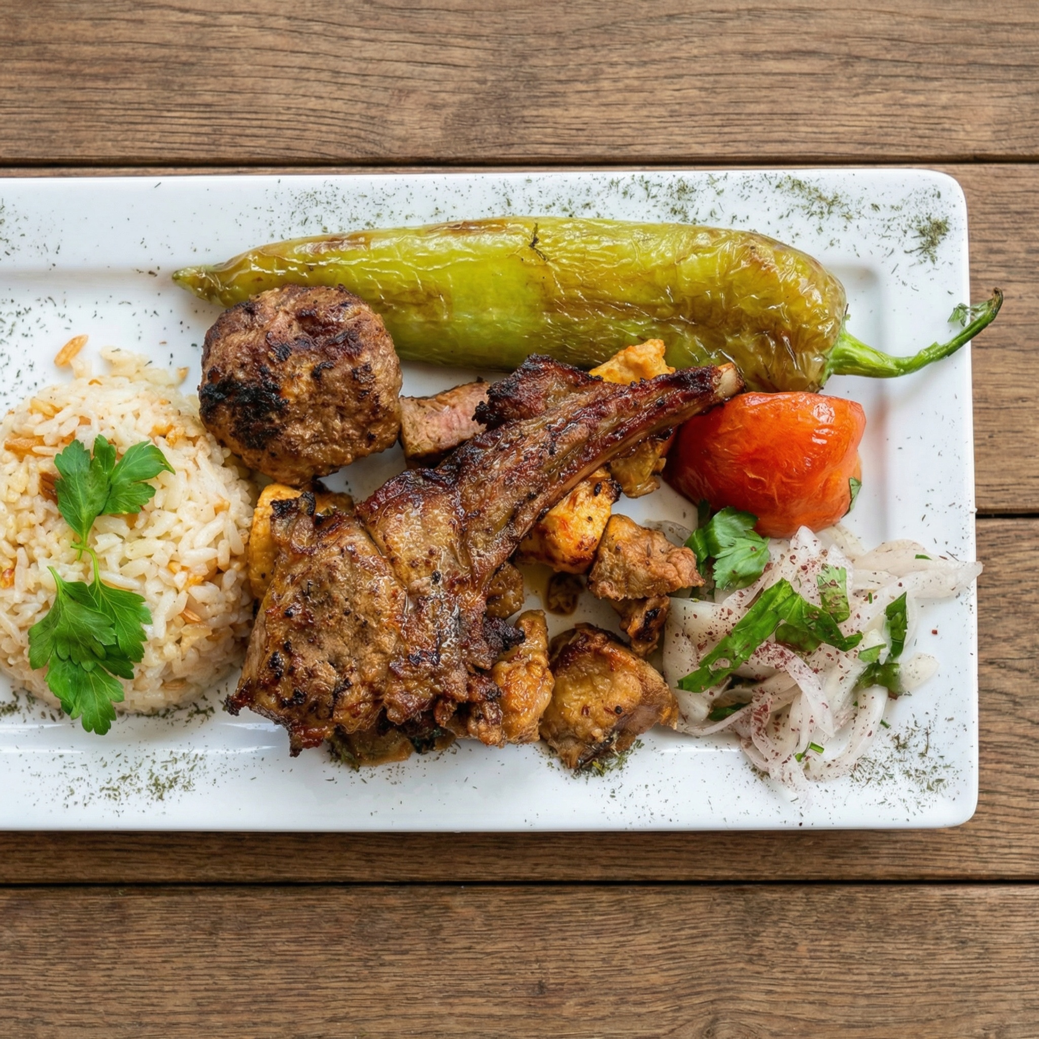 Gemischter Grillteller mit Lammkotelett, Köfte, Reis und Zwiebelsalat auf Holzgrund.