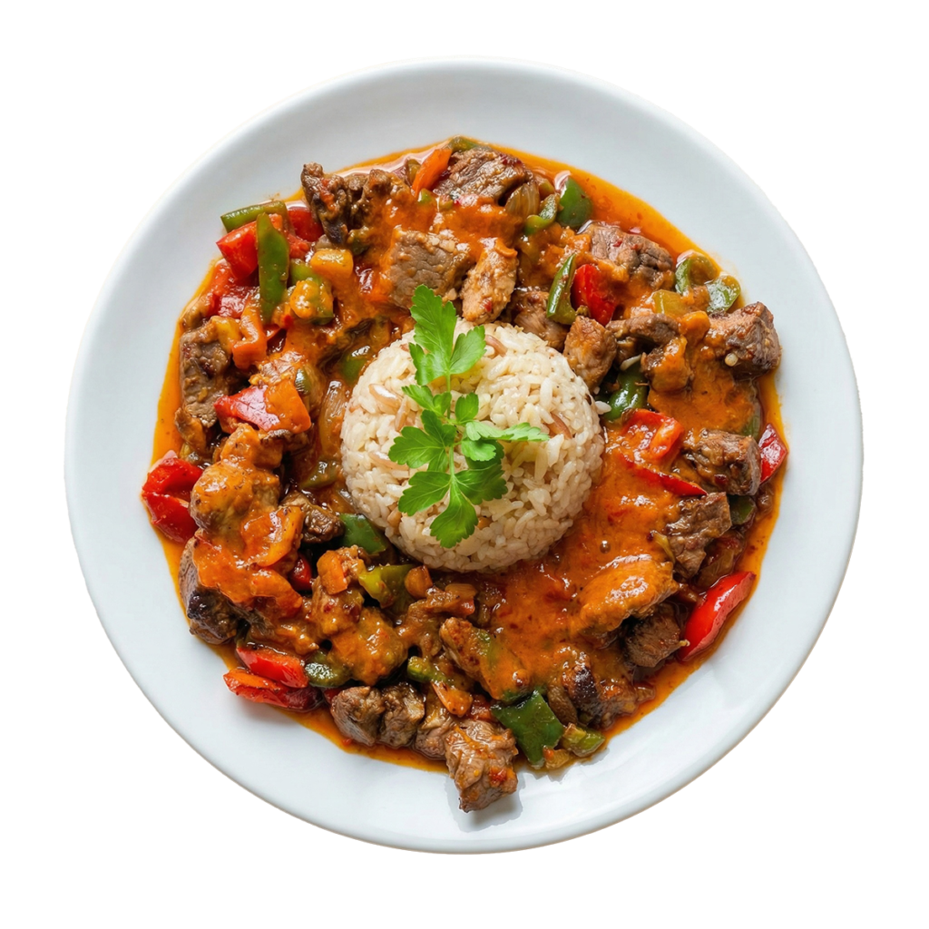 Ein runder weißer Teller vor schwarzem Hintergrund mit einer zentralen Portion Reis, umringt von Fleischstücken in einer Paprika-Sauce, garniert mit Petersilie.